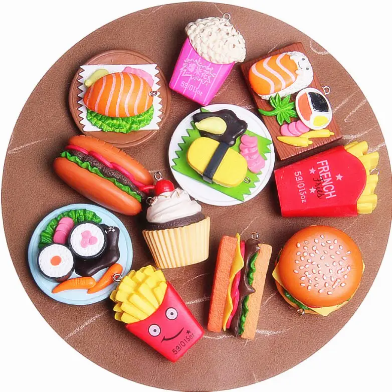 Hot Fashion Simulation Food Bread Hamburger Resin Charms Cake Chips Decorations For Bags Accessories