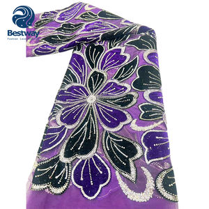 Tela de Encaje de <span class=keywords><strong>Terciopelo</strong></span> Francés con Flores Bordadas de Alta Calidad Bestway, con Cuentas y Lentejuelas para Fiestas de Noche y Bodas Africanas - Product Image 3
