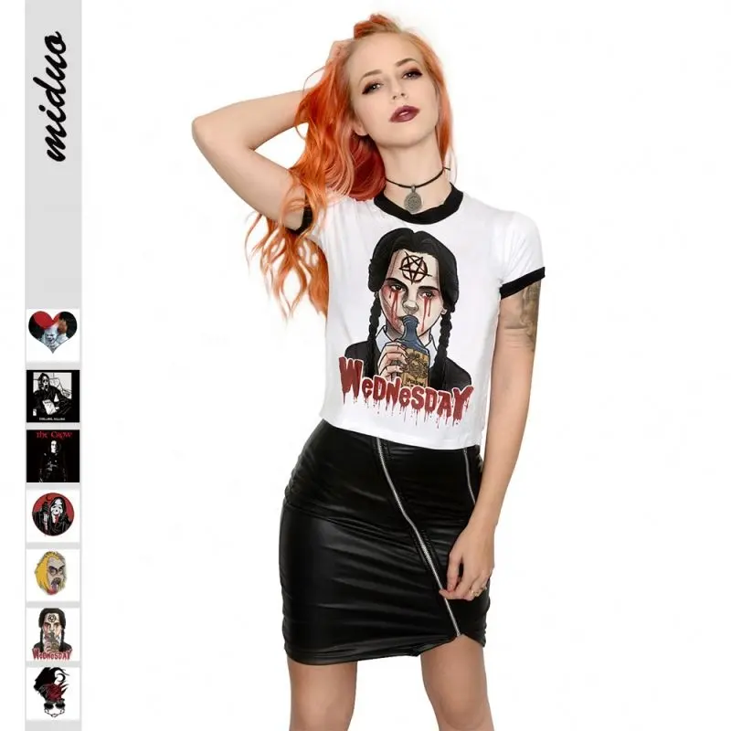 New Hot Bán Thời Trang Halloween Kỹ Thuật Số In Ấn Phụ Nữ Gothic Phong Cách Sexy Chặt Chẽ Ngắn Tay Áo Vòng Cổ Slim T-shirt Phụ Nữ