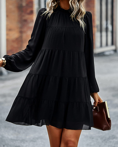 Nouvelle vente bébé poupée robe en mousseline de soie pour les femmes élégant bureau dames col montant à plusieurs niveaux Flwowy balançoire trajet décontracté changement Mini robe - Product Image 3