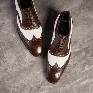 Men's British Oxford Shoes Genuine Leather Carved <strong>Brogue</strong> Spliced <strong>Black</strong> Block for Business Wedding Autumn Formal Wear Champagne - Product Image 6