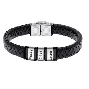 Bracelet en cuir tressé avec 3 breloques et boucle en acier inoxydable |   Logo personnalisé disponible avec options de gravure - Product Image 1
