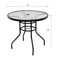 Table ronde de jardin moderne de 32 pouces avec cadre en fer et verre trempé, avec trou pratique pour parasol