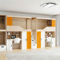 Lit superposé en bois pour enfants avec bureau, rangements, escalier, tiroirs et rideaux