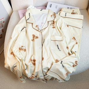 <span class=keywords><strong>Pigiama</strong></span> da Donna in Seta di Latte con Stampa Orso Premium, Maniche Lunghe e Pantaloni, Indossabile Anche Fuori Casa, Primavera e Autunno - Product Image 4