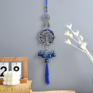 Ornamento Pendente <span class=keywords><strong>Albero</strong></span> della Vita in Vetro Blu con Occhio di Allah e Campanelle Blu e Nappa, Decorazione Bohemien per Parete e Finestra - Product Image 1