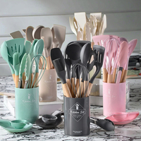 Ensemble de 12 Ustensiles de Cuisine Écologiques avec Manches en Bois et Spatules en Silicone, Sans Danger pour les Aliments, Résistant au Micro-Ondes