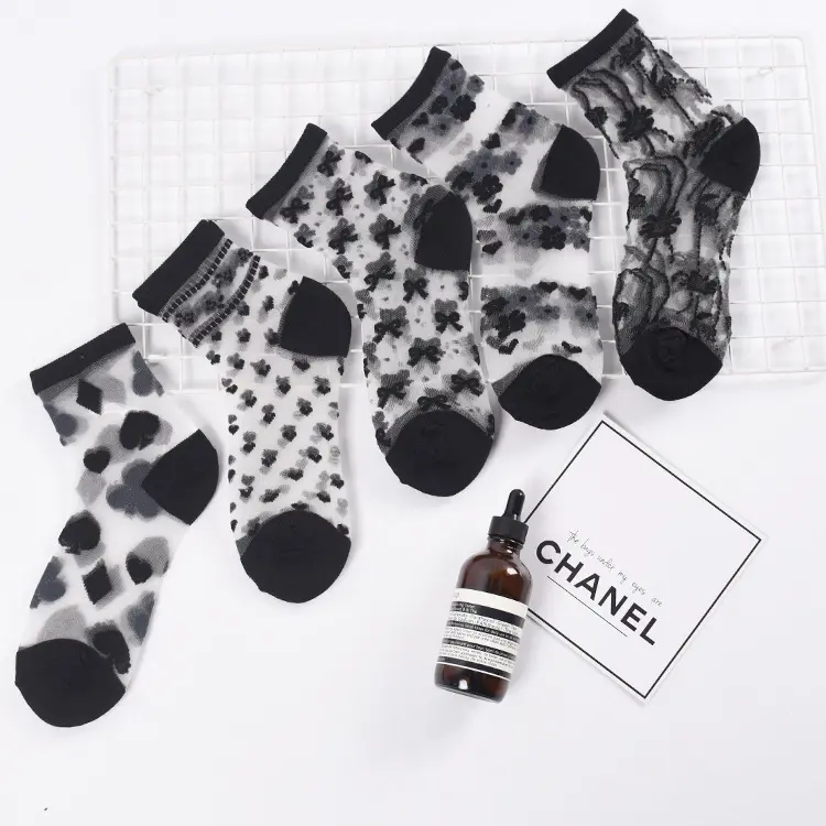 Verão Preto Meias De Seda Dots Stripe Sexy Girls Socks Crystal Sheer Mesh Transparente Coréia Sheer Crew Lace Socks Para Mulheres