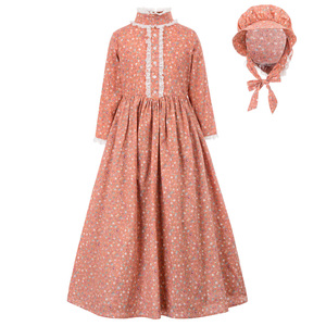 Vestido Colonial de Algodón de Manga Larga para Niñas + Sombrero, Disfraz de Pionera - Product Image 2