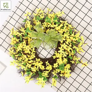 Spring Faux Forsythia Flower Yellow Winter Jasmine Flower Wreath With Bow Celebration Home Door Decoration