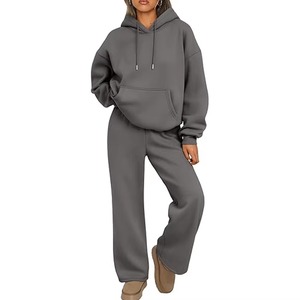 Ensemble de survêtement gris à capuche pour femme, en molleton à manches longues, décontracté, coupe ample, couleur unie, longueur longue, avec boutons, pour l'hiver - Product Image 1