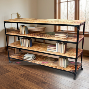 Étagère de présentation industrielle vintage en bois à quatre niveaux avec base en métal, support de table de bar, étagère de cuisine artisanale pour la maison et l'hôtel - Product Image 5