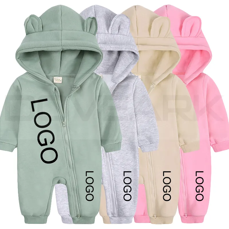 Zipper Funny Cotton Baby Girl Boy Ear Onesie Rompers Baby Autumn Winter Solid Color Jumpsuits Clothes Kids Sweatsuits Boys Thick