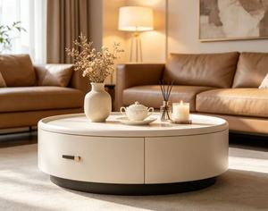Modern <b>Round</b> Coffee <b>Table</b> Set Resin Top Minimalist Design <b>White</b> Black Storage Living Room Furniture - Product Image 4