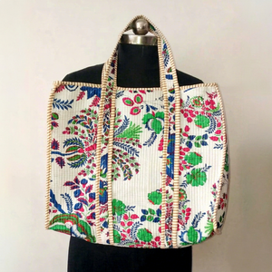 Premium <b>White</b> Cotton Tote <b>Bag</b> with Floral Print Bohemian Style Summer Casual Zipper Shopping Handbag for Women - Product Image 1