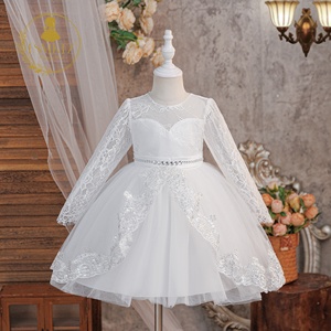 Robe de princesse en satin à manches longues et dentelle florale blanche, col rond, pour les fêtes d'anniversaire, robes de fête pour enfants, pour mariage, pour bébé fille - Product Image 5