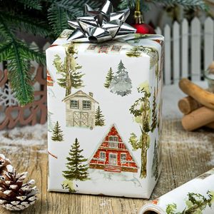 Papel de regalo original con diseño navideño en acuarela de casita y árbol de Navidad, impreso en cobre. - Product Image 3