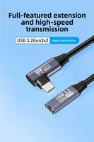 Câble d'extension USB-C coudé 20 Gbit/s avec conducteur en cuivre étamé, transfert de données rapide mâle-femelle, charge rapide, câble PVC pour hub VR