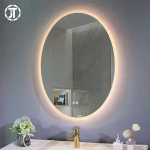 Outer frosting wall mounted building illuminated mirror led backlit oval bathroom mirror with 3 color lighted