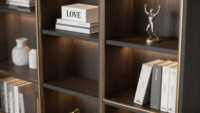 Estantería de Piso a Techo Personalizada con Acabado de Madera PET, Estantes LED, Armarios de Almacenamiento Ocultos, Ecológica, para Oficina en Casa