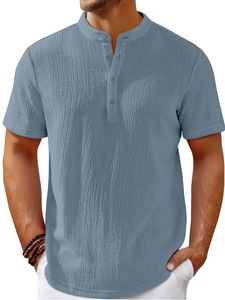 Camicia Casual da Uomo a Maniche Corte Henley a Righe in Poliestere Stile Retrò Senza Stiratura, Novità 2025 per il Commercio Transfrontaliero su Wish - Product Image 5
