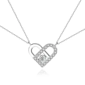 Romantic 925 Silver 2024 Newest Lover Valentines Gift Zircon Diamond 2 Pieces Set Heart Necklace For Couple