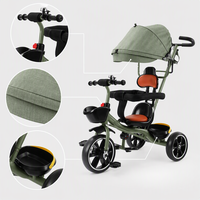 Tricycle poussette 4 en 1 pour enfant avec poignée parentale, auvent pare-soleil, panier et barrière de sécurité
