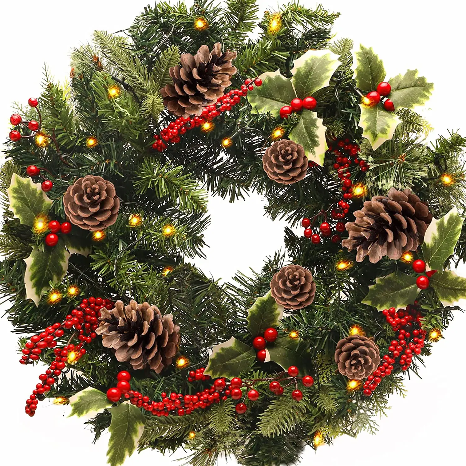 24 Inch Christmas Wreath, Outdoor Lighted Christmas Wreath for Front Door, Xmas Wreath for Holiday Christmas Party Decorations