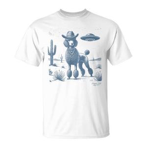 T-shirt Poodle Cowboy Ufo bianca unisex per adulti taglia media - Product Image 1