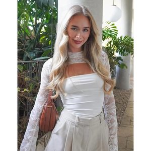 <b>Lace</b> Long Sleeve Crop Top High Neck Cutout Bodycon Women's Party Outfit <b>White</b> - Product Image 6