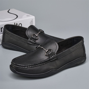 Mocassins en cuir véritable pour hommes, bout rond, à enfiler, semelle en caoutchouc respirante, toutes saisons, chaussures décontractées pour affaires - Product Image 1