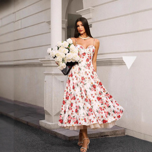 Vestido de Noche de Organza con Estampado Floral y Hombros Descubiertos, Cintura Imperio, Cierre Frontal, Translúcido, Largo, Vestido de Moda para Mujer - Product Image 2
