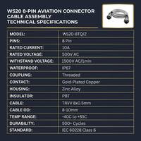 Câble connecteur aviation 8 broches WS20 TRVV 8x0.5mm² pour chaîne porte-câbles, étanche IP67, mâle-femelle, borne en cuivre, automatisation industrielle