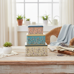 Kontensan Square Metal <b>Storage</b> <b>Box</b> Set 235mm X 235mm X 110mm (Set of 3) Floral Design Pastel <b>Blue</b> Botanica - Product Image 3