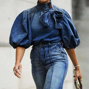 Camicette da donna Sexy in <span class=keywords><strong>Denim</strong></span> da donna alla moda a collo alto con maniche a sbuffo abiti autunnali da donna - Product Image 4