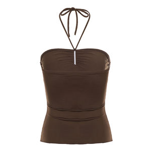 Haut tube à bretelles froncé de couleur unie avec dos à nouer, coupe ajustée, pour femme, idéal pour l'été - Product Image 6