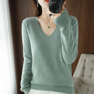 Suéter de punto con cuello en V para mujer, manga larga, color sólido, ajuste holgado, adelgazante, fino, estilo coreano, para otoño e invierno - Product Image 2
