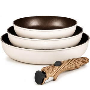 Ensemble de casseroles en aluminium forgé à induction antiadhésif avec revêtement céramique, couvercles en verre, poignée amovible en bois doux au toucher - Product Image 1