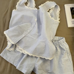 Pigiama a Righe Personalizzabile per Donne, Set Estivo Due Pezzi, <span class=keywords><strong>Camicia</strong></span> da <span class=keywords><strong>Notte</strong></span> con Bretelle e Pantaloncini in Stile Semplice per Ragazze - Product Image 2