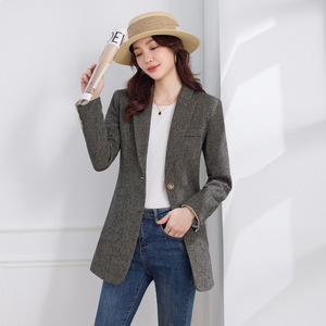 Women's Blazer Mid Length Slim Fit Solid Color Woven Fabric Dark Brown Suit Patchwork Cuffs Magazine Style - Product Image 2