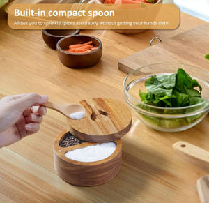 Boîte à sel en bois d'acacia à 2 compartiments multifonctionnelle et écologique de haute qualité avec couvercle et cuillère allant au lave-vaisselle fait à la main - Product Image 3