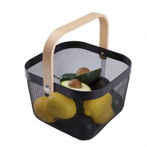 Metal <b>Mesh</b> Steel <b>Basket</b> Storage Organizer Multi-functional Hanging Kitchen <b>Basket</b> Fruit <b>Basket</b> Bin with Bamboo Handle - Product Image 1