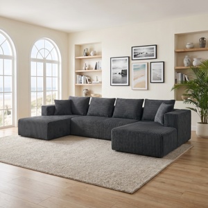 Sofá Seccional Convertible Moderno en Forma de U con Diseño Modular, Tapicería de Pana y Brazos Acolchados con Almohadas para Sala de Estar - Product Image 1