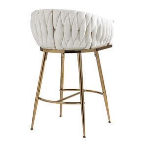 Tabouret de bar moderne en velours, hauteur comptoir, dossier ondulé, base chromée dorée, repose-pieds - Product Image 6
