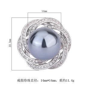 Bague élégante en cuivre plaqué or véritable avec perle Aubey incrustée et style dentelle, sertie de diamants, pour femme, 14 mm, OEM - Product Image 5