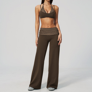 Eco Friendly Contrast Polka Dot Pattern Halter Crop Top High Waist <b>Flared</b> Fold-over Waist <b>Leggings</b> Breathable Spandex Nylon Gym - Product Image 4