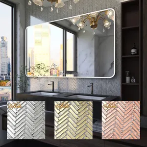 Sleek Logam Dilapisi Kaca Mosaik Ubin Pola Chevron Herringbone Dekorasi Rumah Chic Desain Komersial Latar Belakang Fitur Meliputi