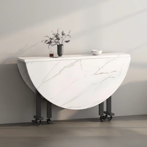 Tavolo da Pranzo Rotondo Pieghevole a 4 Posti, Moderno con Motivo in Marmo Bianco, Arredamento per Sala da Pranzo con Ruote Bloccabili - Product Image 1