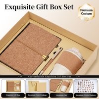 Coffret Cadeau de Bureau en Liège Naturel A5 : Carnet à Couverture Rigide, Stylo Bille et Mug de Voyage Isotherme pour Entreprises