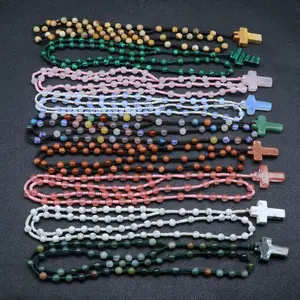 Christian Knot Mala Beads Meditasi Yoga Batu Alam Manik-manik Kristal Batu Permata Salib Liontin Mala Rosario Kalung Pria Wanita